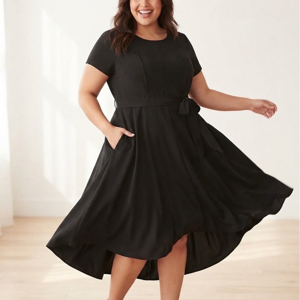 Lane Bryant Black Lena Midi Dress Size 20 Hi-Low Tie Waist Pockets LBD
